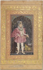 A Rare Mughal Portrait of James I, ca. 1615-18 (ugjennomsiktige pigmenter forsterket med gull på papir) av Bichitr Bichitr