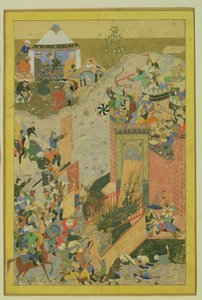 Angrep på et slott, persisk, timurid-periode (1370-1506) ca. 1475-1500 (wc og bladgull på papir) av Bihzad attr. to Bihzad attr. to