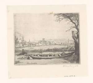 Kanal med en stor båt og en bro ("The schuytje i forgrunnen") av Birger John Forsberg