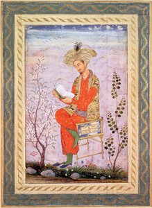 Babur (r.1526-30) Reading, Mughal (akvarell på papir) av Bishn Das