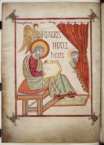 Cotton Nero D. IV, f.25v St. Matthew, skrift, med symbolet hans, fra Lindisfarne-evangeliene, 710-721 (vellum) av Bishop of Lindisfarne Eadfrith