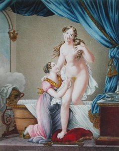 Kvinne som kommer ut av badet, assistert av sin hushjelp, ca. 1820 (fargegravering) av Blaizot (after)