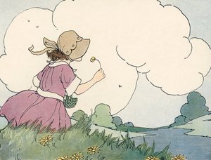 Ung jente som lukter en villblomst mot en sommerhimmel