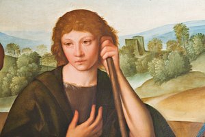 Tilbedelse av hyrdene Madonna med spedbarnet Jesus og to hyrder, detalj av 2384594 av Boccaccio Boccaccino