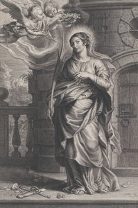 Saint Barbara holder palmeblader med et sverd og blomster ved føttene, to putti o..., ca. 1625-59.