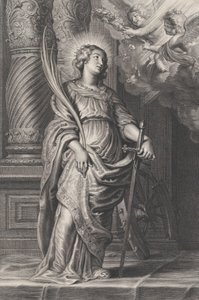 Saint Catherine holder palmeblader og et sverd, to putti over hodet holder en laurbær..., ca. 1625-59.