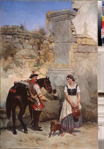 Scene at the Well - Maleri av Gottfried (Bogdan Pavlovich) Willewalde (1818-1903), olje på lerret