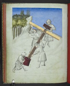 Legg til 24189, f.11v, The assembly of Christ's Cross, fra fire forskjellige tresorter, avbildet i forskjellige farger, fra 'Picture Book of Sir John Mandeville's Travels', ca.1410 (vellum) av Bohemian School