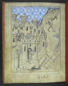 Legg til 24189. f.16v, Samson som bærer Gazas porter, overvåket fra bymurene av pansrede soldater og, ved et vindu, Delilah, fra 