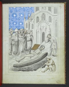 Legg til 24189, f.7r, Oppdagelsen av graven til Hermes Trismegistus, fra 'Picture Book of Sir John Mandeville's Travels', ca. 1410 (vellum)