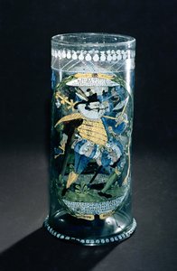 Humpen (høyt beger) med emaljert dekor av en jeger og en kvinne, ca. 1594 (glass)