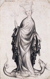 Saint Margaret of Antioch (død rundt 305) (Saint Margaret) (hun holder et krusifiks og tramper en drage) - Verk av en bohemsk mester (aktiv 1410-1420), blyant og pensel på papir (21,4x14 cm) , rundt 1410 - Szepmuveszeti Muzeum, Budapest (Ungarn) av Bohemian School