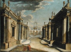 En arkitektonisk Capriccio som skildrer historien om Minyas døtre (olje på lerret) av Bolognese School
