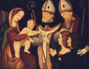 Madonnaen og barnet med de hellige Romanus og Ptolomaeus og to givere (olje på panel) av Boltraffio Pseudo