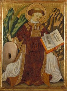 Saint Vincent av Zaragoza (4. århundre) (i drakten til en diakon som leser Bibelen og holder håndflaten til martyrene, nær kvernsteinen for hans tortur) - Maleri av Bonanat Zaortiga (aktivt 1400-tall), tempera på tre (80,2x61) , 5 cm), rundt 1430 - Saint V