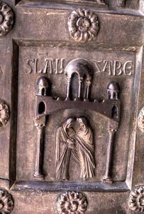 Panel som viser besøket på Porta di S. Ranieri av Bonannus of Pisa
