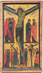 Korsfestelsen med hellige kvinner, sørgende, Kristus på veien til Golgata og avsetningen, høyre panel av en diptyk (tempera på panel) av Bonaventura Berlinghieri