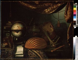 ""Still life with musical instruments"" (Still life with musical instruments) Globus, fløyte, partitur, fiol, gitar. Maleri av Bonaventura Bettera (1663-1718) 1715 Pushkin Museum, Moskva av Bonaventura Bettera