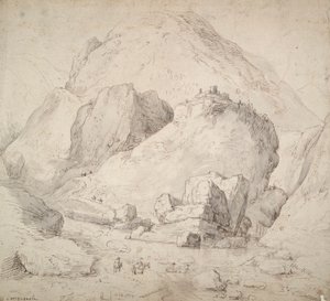 Fjelllandskap med figur på hesteryggen i forgrunnen av Bonaventura Peeters