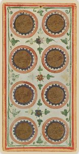 The Eight of Coins, faksimile av et tarotkort fra 