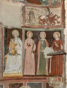 Nord-transept, alteret til St. Mikael erkeengelen, bak altertavlen fresker av Boniface Bembo, Jomfru og barn Saint Aquilina og Saint Catherine of Alexandria, over symbolet på Umilitas av Bonifacio Bembo