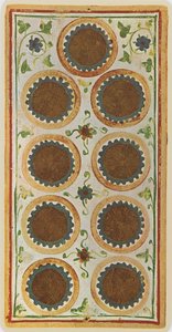 The Nine of Coins, faksimile av et tarotkort fra 