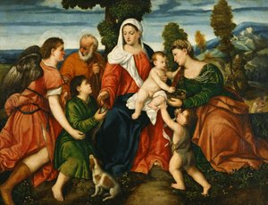 Den hellige familie med Tobias og engelen, den hellige Dorothy, Giovannino og kornetes mirakel utover