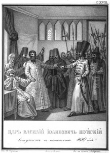 Klosterinnvielse av tsar Vasili Ivanovich Shuisky, 1610 Fra Illustrated Karamzin, 1836 av Boris Artemyevich Chorikov