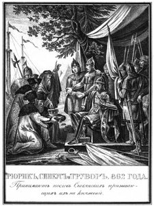 Rurik, Sineus og Truvor. The Invitation of the Varangians, 862 Fra Illustrated Karamzin, 1836