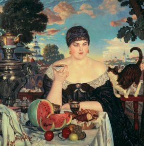 Forretningskvinne har te av Boris Mikhailovich Kustodiev