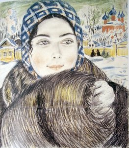 En ung kjøpmannskone i et rutete skjerf par Kustodiev, Boris Michaylovich (1878-1927) av Boris Mikhailovich Kustodiev