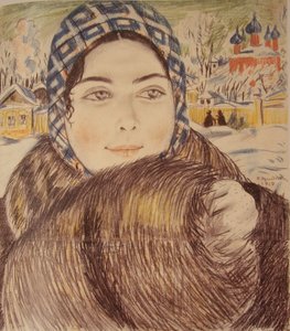 En ung kjøpmannskone i et rutete skjerf, 1919 av Boris Mikhailovich Kustodiev