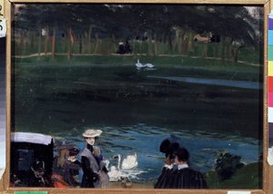 Bois de Boulogne. Innsjøen med svaner og turgåere. Maleri av Boris Michaylovich Kustodiev (Kustodiev) (1878-1927), olje på lerret av Boris Mikhailovich Kustodiev