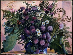 Bukett med finske blomster. (finsk haug med blomster). Maleri av Boris Michaylovich Kustodiev (Kustodiev) (1878-1927), olje på lerret av Boris Mikhailovich Kustodiev
