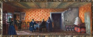 Dekorpreparatoire for teaterstykket ""La mort de Pasukhin"" av Mikhail Saltykov-Shchedrin (Saltykov Shchedrin, Saltykov-Chtchedrine, Saltykov Chtchedrine) (1826-1889) (Scenedesign for teaterstykket Pasukhins død av M. Saltykov-Chtchedri av Boris Mikhailovich Kustodiev