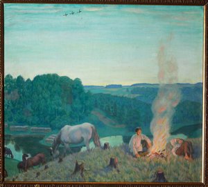 Bål (Campfire). Landskap på en sommerkveld hviler unge gutter rundt et vedfyr, ved bredden av en elv. Rundt dem beiter stillhet, ro og hester stille. Maleri av Boris Michaylovich Kustodiev (Kustodiev) (1 av Boris Mikhailovich Kustodiev