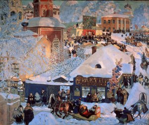 Vinter, Mardi Gras (Vinter, Schrovetide). Tradisjonelle festligheter i de snødekte gatene i en provinsby. Foruten beskrivelsen av byens bygninger, ballongklynger, en karusell, utstillingsvinduene til tavernaene og sledene trukket av av Boris Mikhailovich Kustodiev
