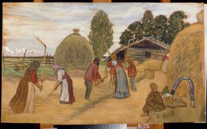 Tresking av innhøstingen med slaglen (Threshing Floor) - Verk av Boris Michaylovich Kustodiev (Koustodiev) (1878-1927), pastell på papp, 59x100 cm av Boris Mikhailovich Kustodiev