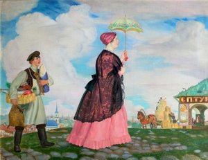 Kjøpmannskvinne med kjøp, 1920 av Boris Mikhailovich Kustodiev