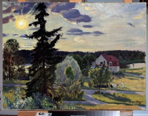Kveldslandskap. En gruppe barn leker med en ball på plenen foran et hus. Maleri av Boris Michaylovich Kustodiev (Kustodiev) (1878-1927), olje på lerret av Boris Mikhailovich Kustodiev