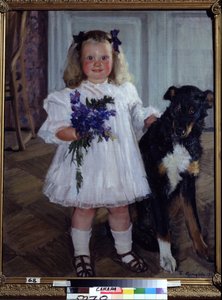 Portrett av datteren Irina med hunden Shumka. Maleri av Boris Michaylovich Kustodiev (Kustodiev) (1878-1927), olje på lerret av Boris Mikhailovich Kustodiev