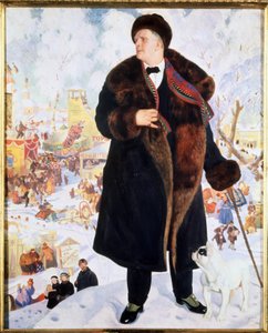 Portrett av sangeren Feodor (Fiodor, Fedor) I. Chaliapin (Chaliapin) (1873-1938) (Portrett av sangeren FIShalyapin). I en pels og hatt, akkompagnert av en bulldog som stirrer på ham, står sangeren stolt foran animasjonene til en av Boris Mikhailovich Kustodiev