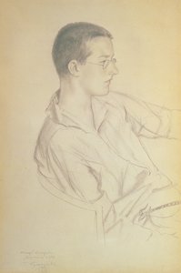 Portrett av Dmitri Dmitrievich Shostakovich (1906-75), 1923 (blyant på papir) av Boris Mikhailovich Kustodiev