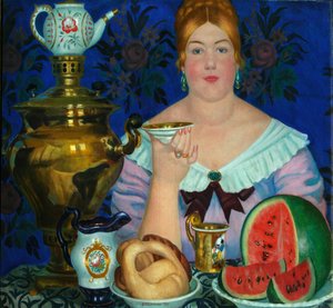 The Merchants Wife drikker te, 1923 av Boris Mikhailovich Kustodiev