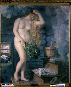 Russisk Venus (russisk Venus). Ung smilende og naken kvinne, på badet, badstuetype, med en bukett grener. Maleri av Boris Michaylovich Kustodiev (Kustodiev) (1878-1927), olje på lerret