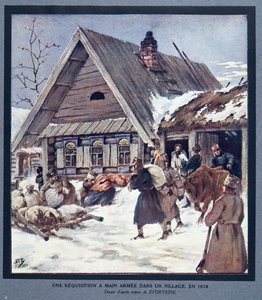 Forsvaret rekvirerer forsyninger i en landsby av Boris Vasilievich Zvorykin