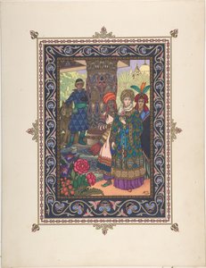 Illustrasjon for eventyret om Ivan Tsarevich, Ildfuglen og den grå ulven, ca. 1925 av Boris Vasilievich Zvorykin