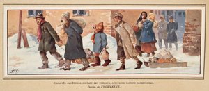 Sovjetiske arbeidere forlater kontoret med matrasjonene sine, fra Histoire des Soviets, pub. 1922 (farge litho) av Boris Vasilievich Zvorykin