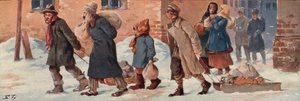 Sovjetiske arbeidere forlater kontorene sine med matrasjonene sine (farge litho) av Boris Vasilievich Zvorykin