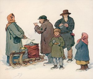 Kvinne som selger varm suppe på gaten i Sovjet-Russland (farge litho)
